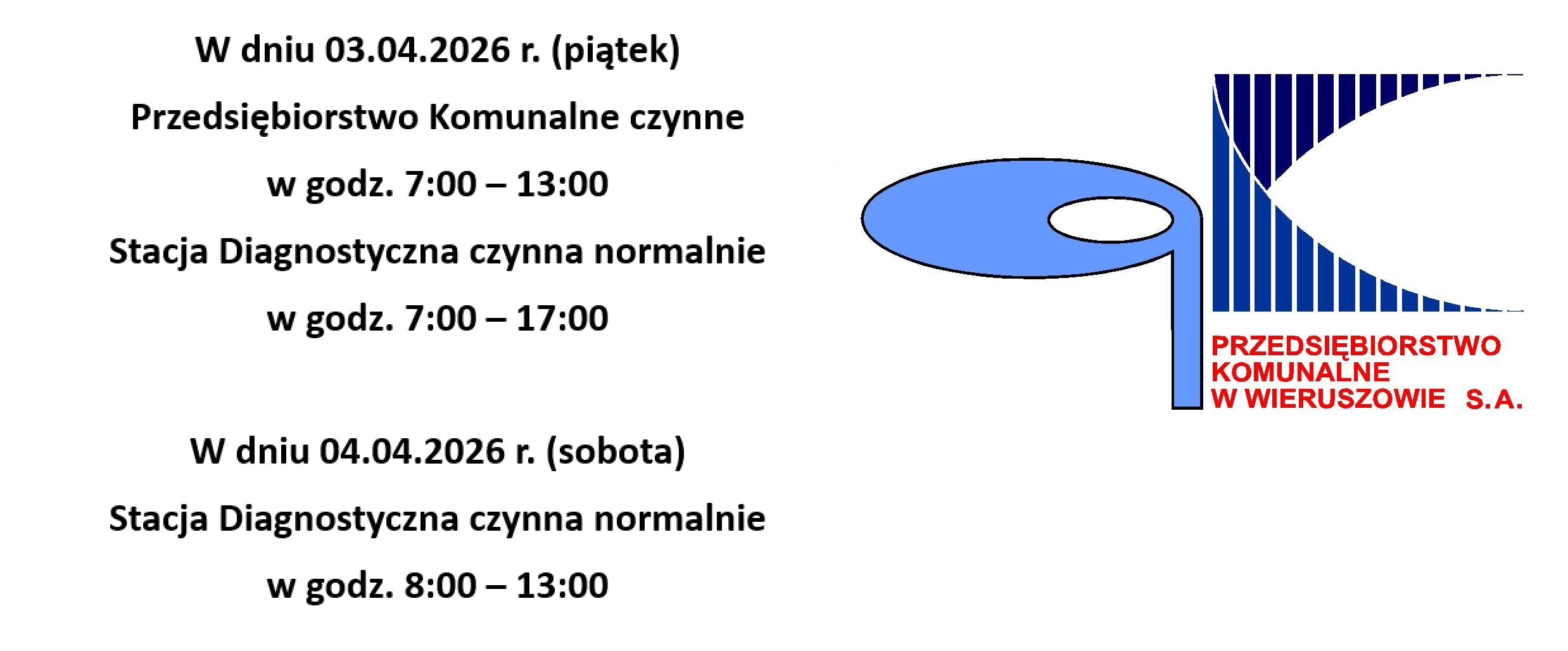 Zmiana godzin pracy Przedsiębiorstwa Komunalnego w dniu 03.04.2026 r. (piątek)